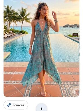 Vintage 100% Silk Boho Paisley Halter Handkerchief Hem Smocked Maxi Dress S